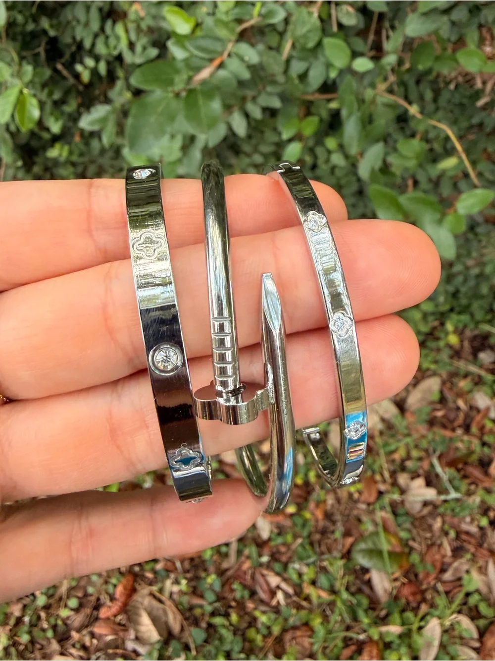 Nail Motif Bangle Bracelet Set of 3 Silver